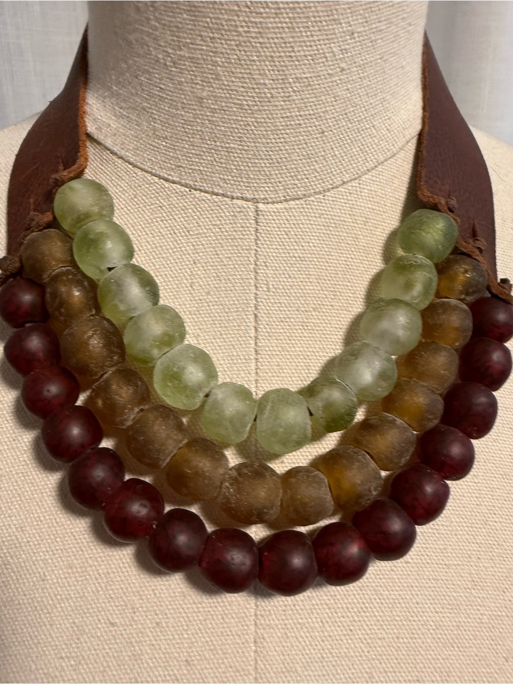 Leather and glass beaded choker style necklace. Handmade.